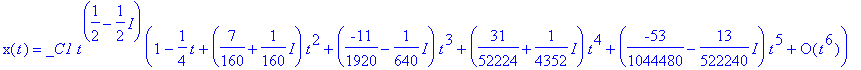 x(t) = _C1*t^(1/2-1/2*I)*(series(1-1/4*t+(7/160+1/160*I)*t^2+(-11/1920-1/640*I)*t^3+(31/52224+1/4352*I)*t^4+(-53/1044480-13/522240*I)*t^5+O(t^6),t,6))+_C2*t^(1/2+1/2*I)*(series(1-1/4*t+(7/160-1/160*I)*...
