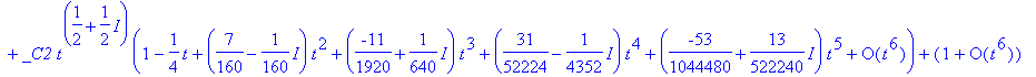 x(t) = _C1*t^(1/2-1/2*I)*(series(1-1/4*t+(7/160+1/160*I)*t^2+(-11/1920-1/640*I)*t^3+(31/52224+1/4352*I)*t^4+(-53/1044480-13/522240*I)*t^5+O(t^6),t,6))+_C2*t^(1/2+1/2*I)*(series(1-1/4*t+(7/160-1/160*I)*...